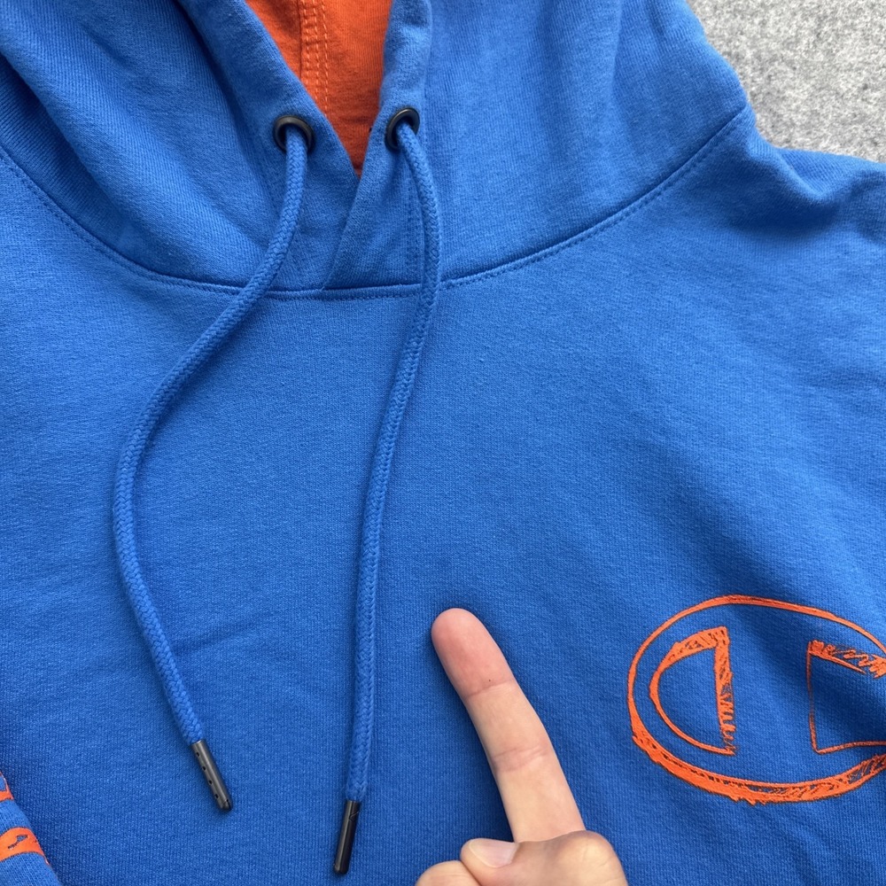 Champion Men's Blue Pullover Hoodie Size XL Graphic Print Logo Orange Highlights - Picture 3 of 12